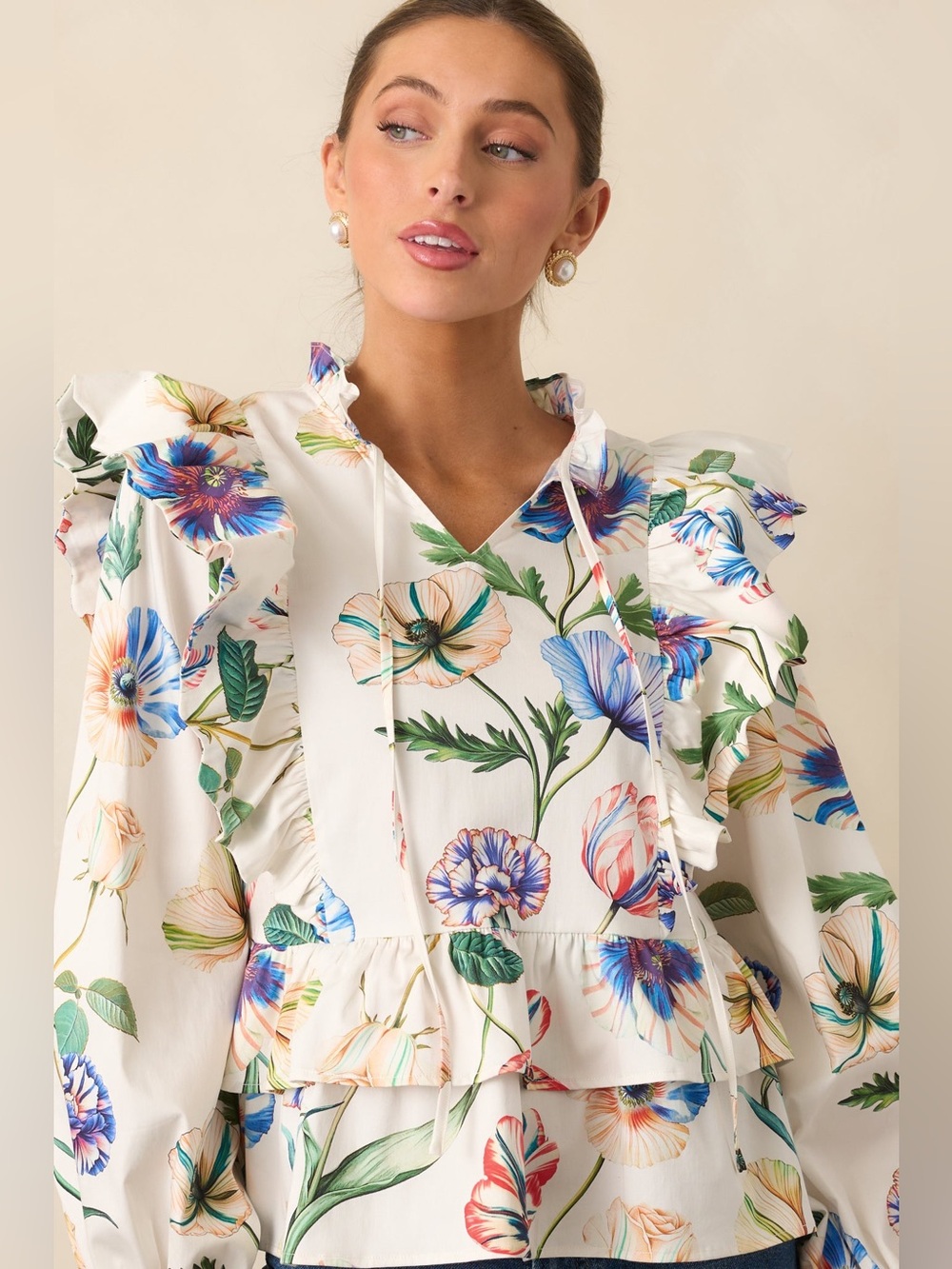 PROSPERINA FAYE IVORY MULTI FLORAL PRINT COTTON RUFFLE TOP NEW - Picture 6 of 7